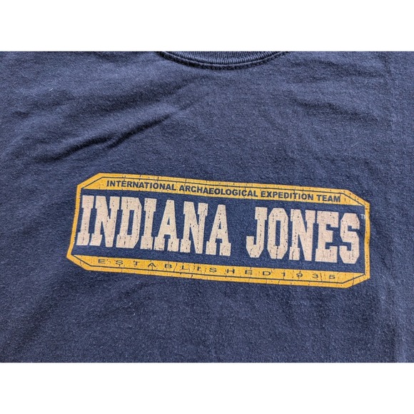 Vintage Indiana Jones Adventure Wear Shirt Mens Large Blue Double Sided - Picture 2 of 7